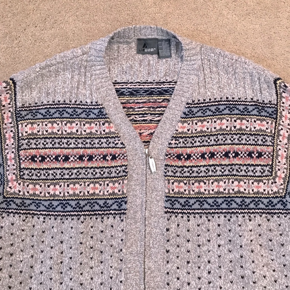 Vintage LizWear Cardigan Sweater Womens Small Zip Up Heavy Knit Fair Isle Grey - Picture 7 of 14